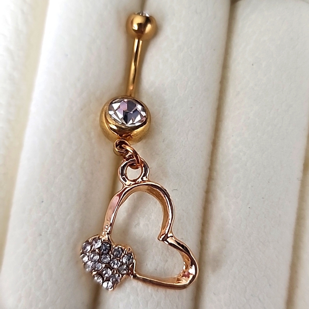 14 G SURGICAL STEEL DANGLE  Heart  BELLY BUTTON Simulated Diamond